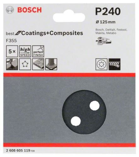 BOSCH Papier ścierny F355, opakowanie 5 szt. 125 mm, 240 2608605119