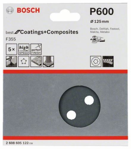 BOSCH Papier ścierny F355, opakowanie 5 szt. 125 mm, 600 2608605122