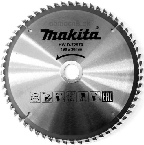 Brzeszczot MAKITA aluminium TCT 190x2,2x30 mm 60 zębów D-72970