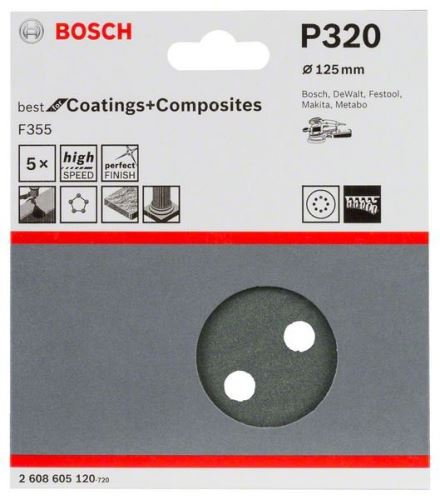 BOSCH Papier ścierny F355, opakowanie 5 szt. 125 mm, 320 2608605120