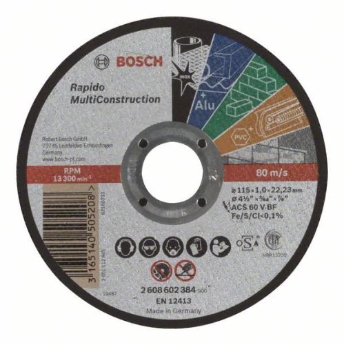 BOSCH Tarcza tnąca prosta Rapido Multi Construction ACS 60 V BF, 115 mm, 1,0 mm 2608602384