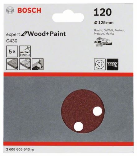 BOSCH Papier ścierny C430, opakowanie 5 szt. 125 mm, 120 2608605643