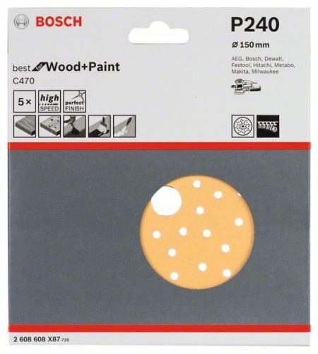 Papiery ścierne BOSCH C470 do szlifierek mimośrodowych, Best for Wood and Paint, średnica 150 mm, 240 wieloperforacji (5 szt.) 2608608X87