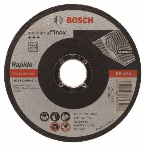 BOSCH Tarcza tnąca prosta Standard do Inox - Rapido WA 60 T BF, 115 mm, 22,23 mm, 1,0 mm 2608603169