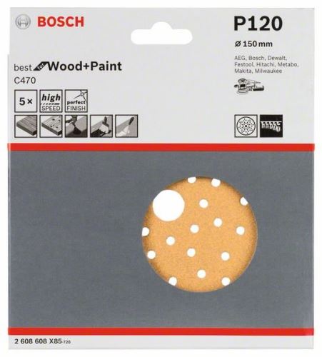 Papiery ścierne BOSCH C470 do szlifierek mimośrodowych, Best for Wood and Paint, średnica 150 mm, 120 wieloperforacji (5 szt.) 2608608X85