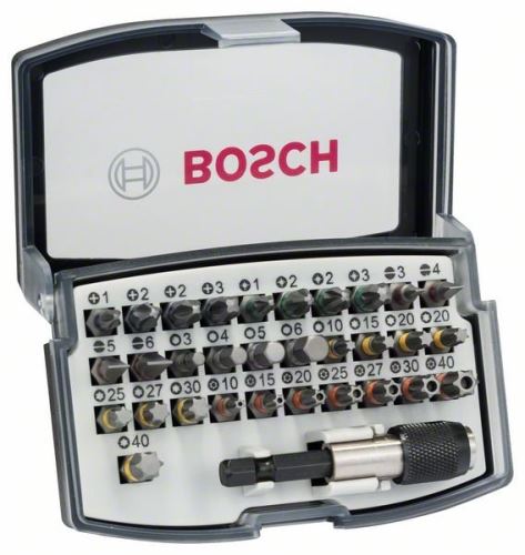 BOSCH 32-częściowy zestaw bitów wkrętakowych PH1; PH2; PH2; PH3; PZ1; PZ2; PZ2; PZ3; szesnastkowy 3; HEX 4; HEX 5; SZEŚCIOKĄT 6; T10; T15; T20; T20; T25; T27; T30; T40 2607017319