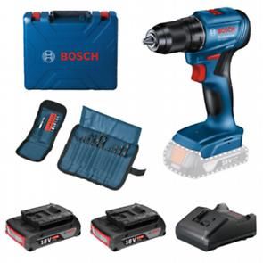 BOSCH Zestaw akumulatorowych narzędzi wielofunkcyjnych GSR 185-LI + 2x akumulator 2,0 Ah + 23-częściowy zestaw akcesoriów w walizce 0615990N25