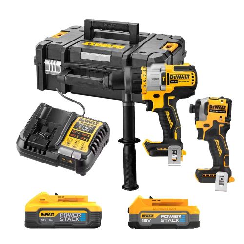 Dwuczęściowy zestaw bezprzewodowy Dewalt 18 V XR, 1 akumulator Powerstack 5,0 Ah, 1 akumulator Compact Powerstack 1,7 Ah, ładowarka TSTAK II i walizka DCK2052H1E1T