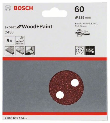 BOSCH Papier ścierny C430, opakowanie 5 szt. 115 mm, 60 szt. 2608605104