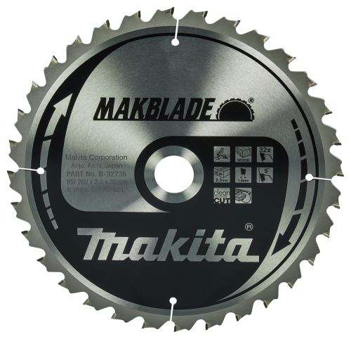 Brzeszczot do piły do drewna MAKITA MAKBLADE 260x2,3x30 mm 32 zęby B-32736