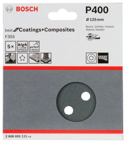 BOSCH Papier ścierny F355, opakowanie 5 szt. 125 mm, 400 2608605121