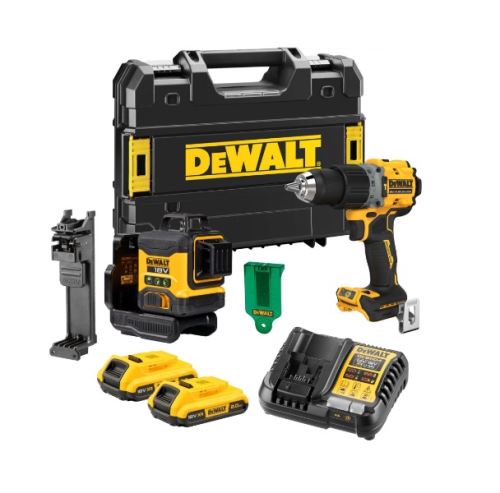 Zestaw Dewalt: laser DCLE34031 + wiertarka DCD805 + 2x akumulatory + ładowarka + walizka DCK2095D2T