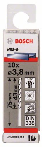 BOSCH Wiertła do metalu HSS-G, DIN 338 3,8 x 43 x 75 mm (10 szt.) 2608585484